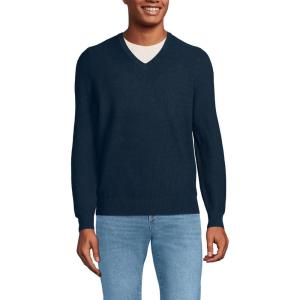 Lands’ End Men’s Long Sleeve Washable Merino Wool V Neck Sweater(Radiant Navy)