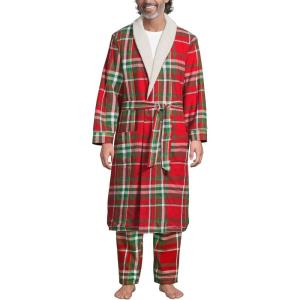 Lands’ End Men’s Sherpa Fleece Lined Flannel Robe(Compass Red/Emerald Plaid)