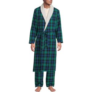 Lands’ End Men’s Sherpa Fleece Lined Flannel Robe(Light Emerald Blackwatch)
