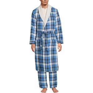 Lands’ End Men’s Sherpa Fleece Lined Flannel Robe(Muted Cobalt Blue Plaid)