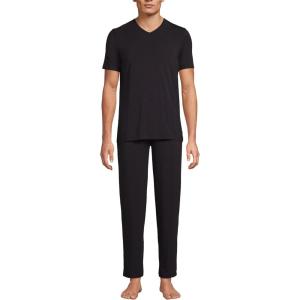 Lands’ End Men’s Short Sleeve Cooling Knit V-Neck Pajama Set(Black)