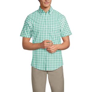 Lands’ End Men’s Short Sleeve Essential Lightweight Poplin(Bay Water Green Check)