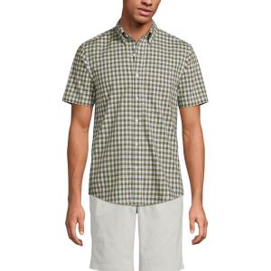 Lands’ End Men’s Short Sleeve Essential Lightweight Poplin(Olive Drab Gingham)