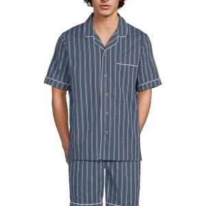 Lands’ End Men’s Short Sleeve Essential Pajama Shirt(Slate Blue Double Stripe)