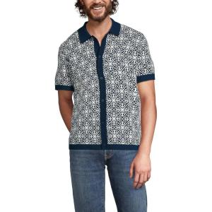 Lands’ End Men’s Short Sleeve Tile Jacquard Button Down Sweater Polo(Radiant Navy/Vanilla Tile)