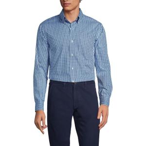 Lands’ End Men’s Tailored Fit No Iron Solid American-Grown Supima Cotton Pinpoint Buttondown Collar Dress Shirt(Deep Sea Navy/Fresh Blue Plaid)