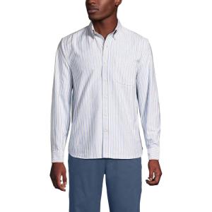 Lands’ End Men’s Traditional Fit Comfort-First Sail Rigger Oxford Shirt(Clear Blue /Khaki Stripe)