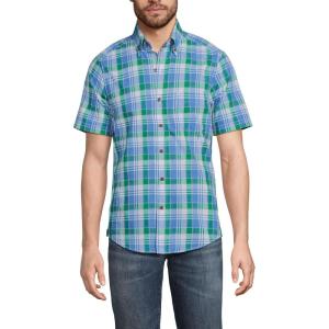 Lands’ End Men’s Traditional Fit Short Sleeve Madras Shirt(Mariner Blue/Clover Plaid)