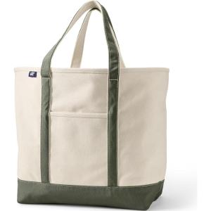 Lands’ End Open Top Canvas Tote Bag(Natural/Dark Olive Green)