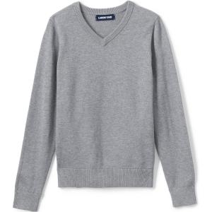 Lands’ End School Uniform Boys Cotton Modal Fine Gauge V-Neck Sweater(Pewter Heather)