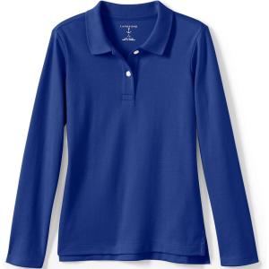 Lands’ End School Uniform Girls Long Sleeve Feminine Fit Interlock Polo Shirt(Cobalt)