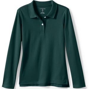 Lands’ End School Uniform Girls Long Sleeve Feminine Fit Interlock Polo Shirt(Evergreen)