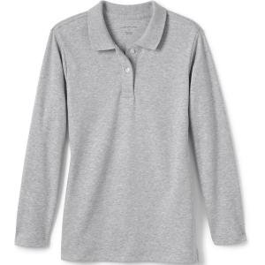 Lands’ End School Uniform Girls Long Sleeve Feminine Fit Interlock Polo Shirt(Gray Heather)
