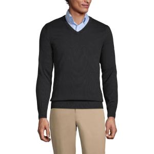 Lands’ End School Uniform Men’s Cotton Modal Fine Gauge V-Neck Sweater(Black)