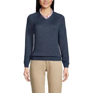 Lands’ End School Uniform Young Women’s Cotton Modal V-Neck Sweater(Classic Navy)