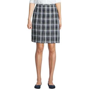 Lands’ End School Uniform Young Women’s Plaid Box Pleat Skirt Top of The Knee(White/Evergreen Plaid)