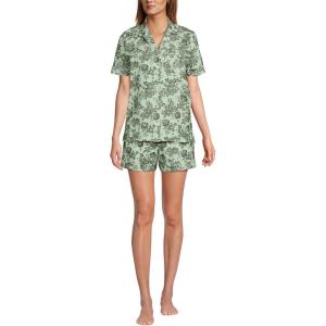 Lands’ End Women Linen 2 Piece Pajama Set – Short Sleeve Top and Shorts(Icy Mint Green Romantic Floral)