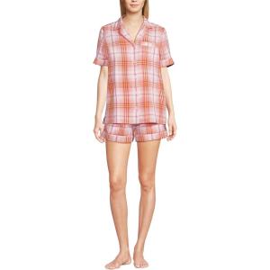Lands’ End Women Linen 2 Piece Pajama Set – Short Sleeve Top and Shorts(Sunset Coral Pink Plaid)