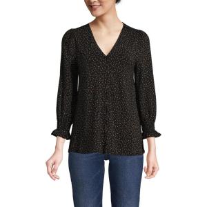 Lands’ End Women’s 3/4 Sleeve Lightweight Jersey Button Front Top(Black Terrazzo Dot)