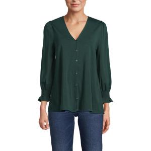 Lands’ End Women’s 3/4 Sleeve Lightweight Jersey Button Front Top(Deep Forest)