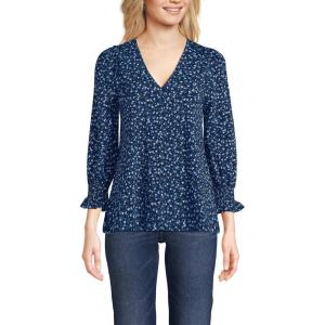Lands’ End Women’s 3/4 Sleeve Lightweight Jersey Button Front Top(Deep Sea/Blue Ditsy Bloom)