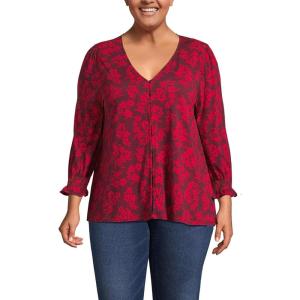 Lands’ End Women’s 3/4 Sleeve Lightweight Jersey Button Front Top(Heritage Red Painted Flower)