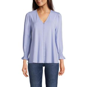 Lands’ End Women’s 3/4 Sleeve Lightweight Jersey Button Front Top(Light Cornflower)