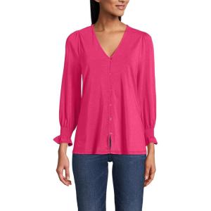 Lands’ End Women’s 3/4 Sleeve Lightweight Jersey Button Front Top(Spiced Rhubarb)
