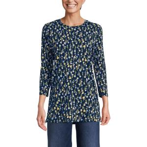 Lands’ End Women’s 3/4 Sleeve Supima Cotton Crewneck Tunic(Deep Sea Navy Multi Daisy)