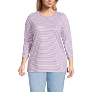 Lands’ End Women’s 3/4 Sleeve Supima Cotton Crewneck Tunic(Soft Orchid Micro Stripe)