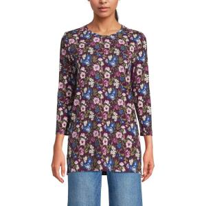 Lands’ End Women’s 3/4 Sleeve Supima Cotton Crewneck Tunic(Vivid Plum/Pink Multi Floral)