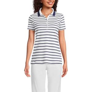 Lands’ End Women’s American-Grown Supima Cotton Polo Shirt(White/Navy Stripe Tipped)