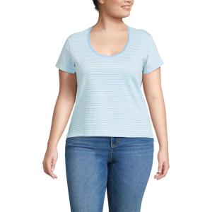 Lands’ End Women’s American-Grown Supima Cotton Short Sleeve Scoop Neck Tee(Bermuda Blue Micro Stripe)