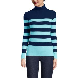 Lands’ End Women’s Cashmere Turtleneck Sweater(Deep Sea Navy/Aqua Stripe)
