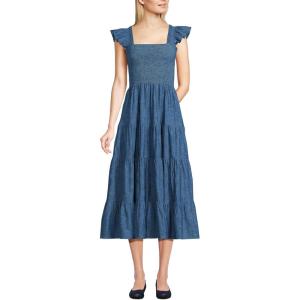 Lands’ End Women’s Chambray Smocked Dress with Ruffle Straps(Medium Indigo Chambray)