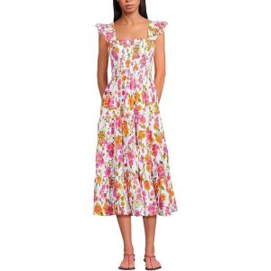 Lands’ End Women’s Chambray Smocked Dress with Ruffle Straps(White Climbing Floral)