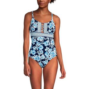 Lands’ End Women’s Chlorine Resistant Lace Up One Piece Swimsuit(Deep Sea Navy Painted Floral)