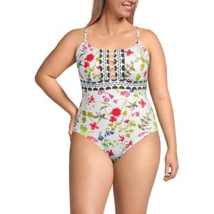 Lands’ End Women’s Chlorine Resistant Lace Up One Piece Swimsuit(White Multi Garden Floral)