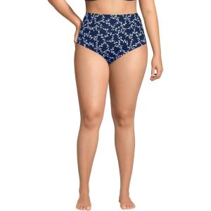 Lands’ End Women’s Chlorine Resistant Pinchless High Waisted Bikini Bottoms(Navy/White Flowering Vine)