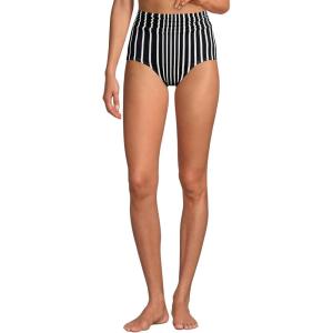 Lands’ End Women’s Chlorine Resistant Ruched Natural High Waisted Full Coverage Bikini Swim Bottoms(Black/Egret Variegated Stripe)