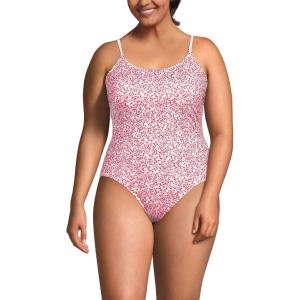 Lands’ End Women’s Chlorine Resistant Scoop Neck High Leg Tugless Tank Thin Strap One Piece Swimsuit Adjustable(Coral Rose/White Ditsy Lilies)