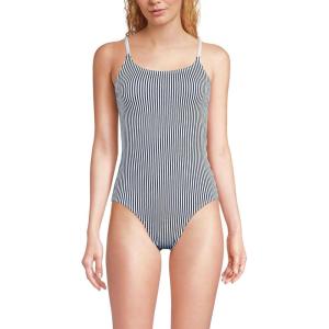 Lands’ End Women’s Chlorine Resistant Scoop Neck High Leg Tugless Tank Thin Strap One Piece Swimsuit Adjustable(Deep Sea Navy Mini Stripe)