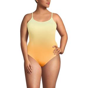 Lands’ End Women’s Chlorine Resistant Scoop Neck High Leg Tugless Tank Thin Strap One Piece Swimsuit Adjustable(Icy Mint/Orange Ombre)