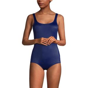 Lands’ End Women’s Chlorine Resistant Scoop Neck X-Back High Leg Soft Cup Tugless Sporty One Piece Swimsuit(Deep Sea Navy)