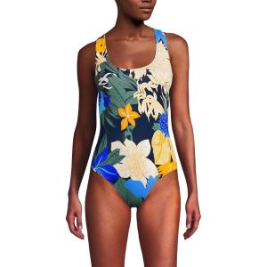 Lands’ End Women’s Chlorine Resistant Scoop Neck X-Back High Leg Soft Cup Tugless Sporty One Piece Swimsuit(Navy Multi Floral Blooms)