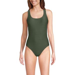 Lands’ End Women’s Chlorine Resistant Scoop Neck X-Back High Leg Soft Cup Tugless Sporty One Piece Swimsuit(Rich Olive Green Ottoman)