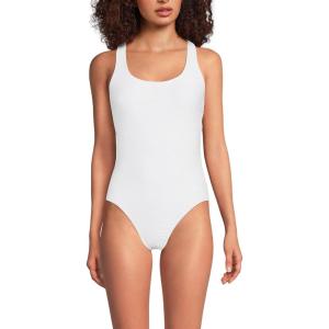 Lands’ End Women’s Chlorine Resistant Scoop Neck X-Back High Leg Soft Cup Tugless Sporty One Piece Swimsuit(White Ottoman)