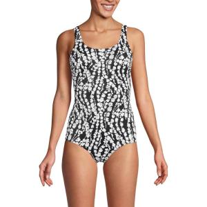 Lands’ End Women’s Chlorine Resistant Soft Cup Tugless Sporty One Piece Swimsuit(Black/White Vine Floral)