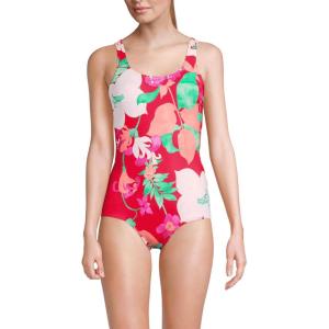 Lands’ End Women’s Chlorine Resistant Soft Cup Tugless Sporty One Piece Swimsuit(Coral Rose Lilies)