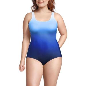 Lands’ End Women’s Chlorine Resistant Soft Cup Tugless Sporty One Piece Swimsuit(Deep Sea Navy/Sapphire Ombre)